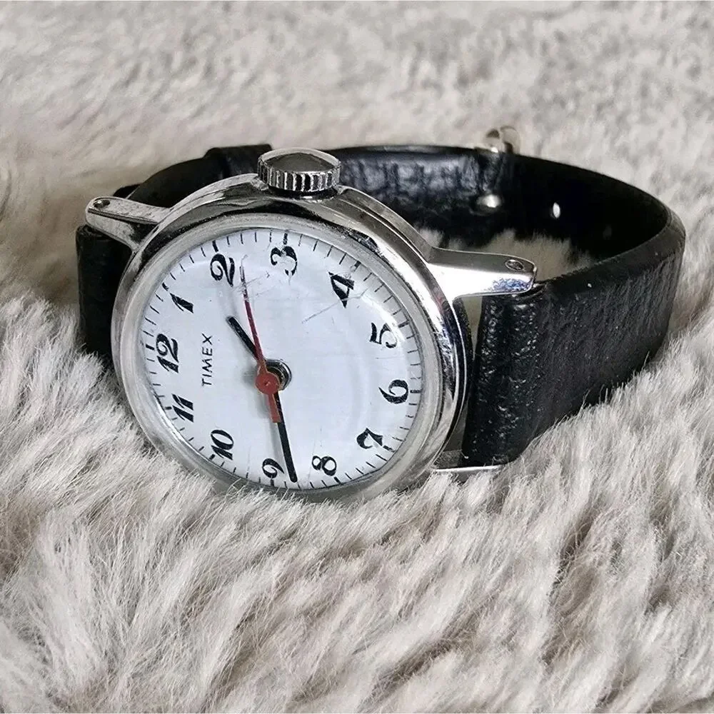 Vintage Timex Women's Wristwatch White Dial Black Leather Band Working